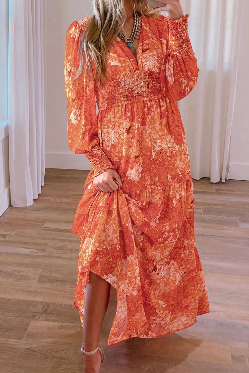 Smocked Printed V-Neck Long Sleeve Dress.
