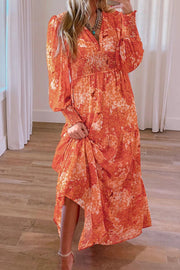 Smocked Printed V-Neck Long Sleeve Dress.