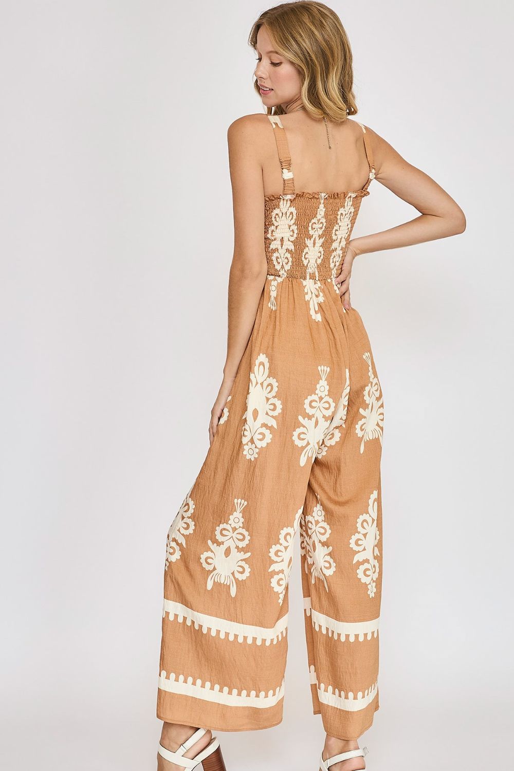 Smocked Printed Wide Leg Jumpsuit Plus Size