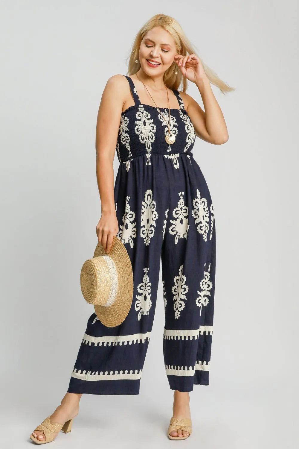 Plus Size Smocked Printed Wide Leg Jumpsuit.