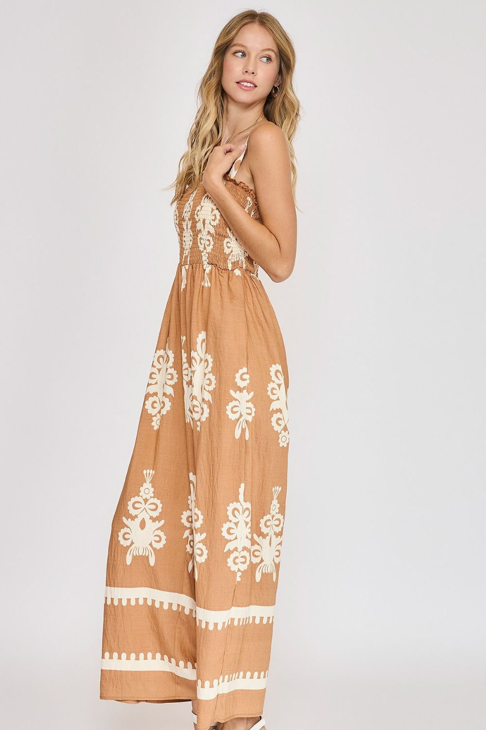 Smocked Printed Wide Leg Jumpsuit Plus Size