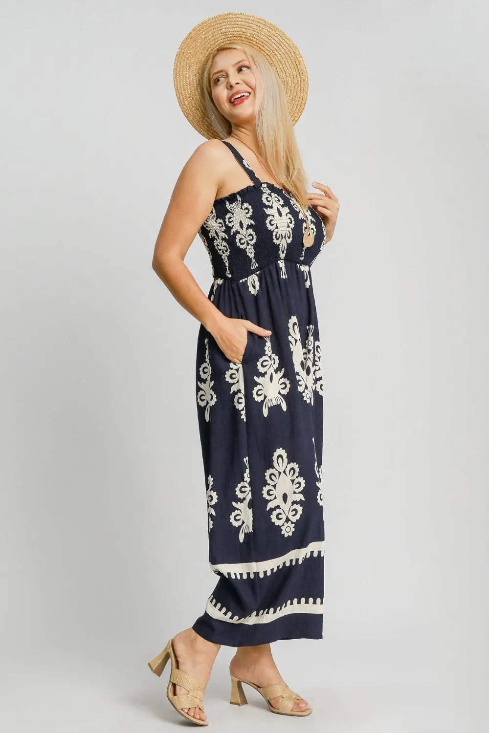 Plus Size Smocked Printed Wide Leg Jumpsuit.