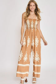 Smocked Printed Wide Leg Jumpsuit Plus Size