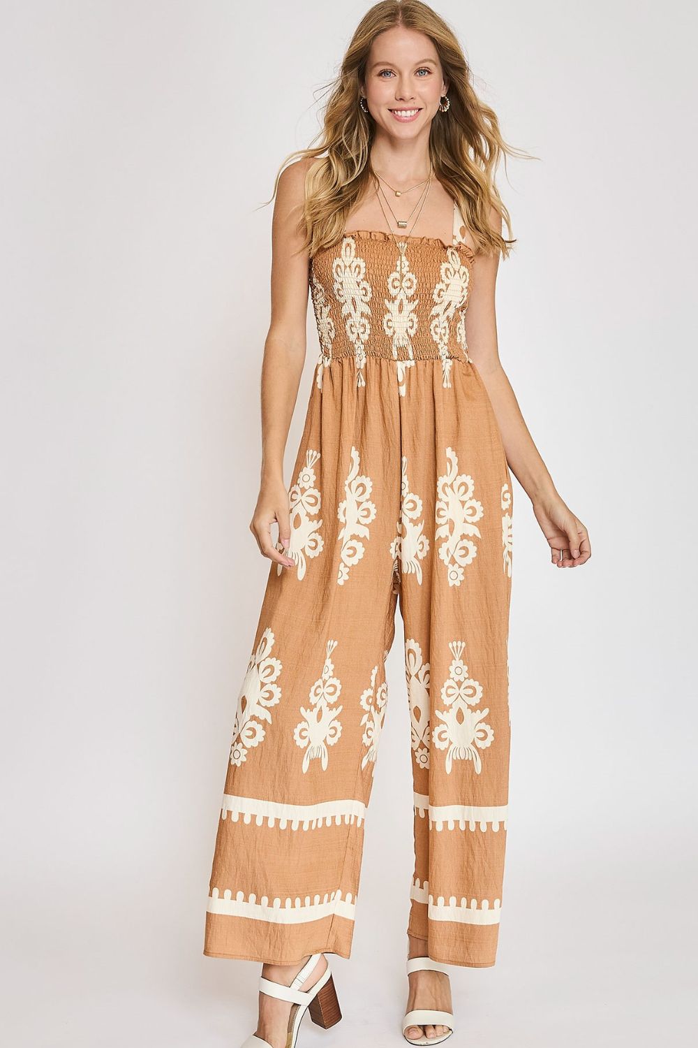 Smocked Printed Wide Leg Jumpsuit Plus Size
