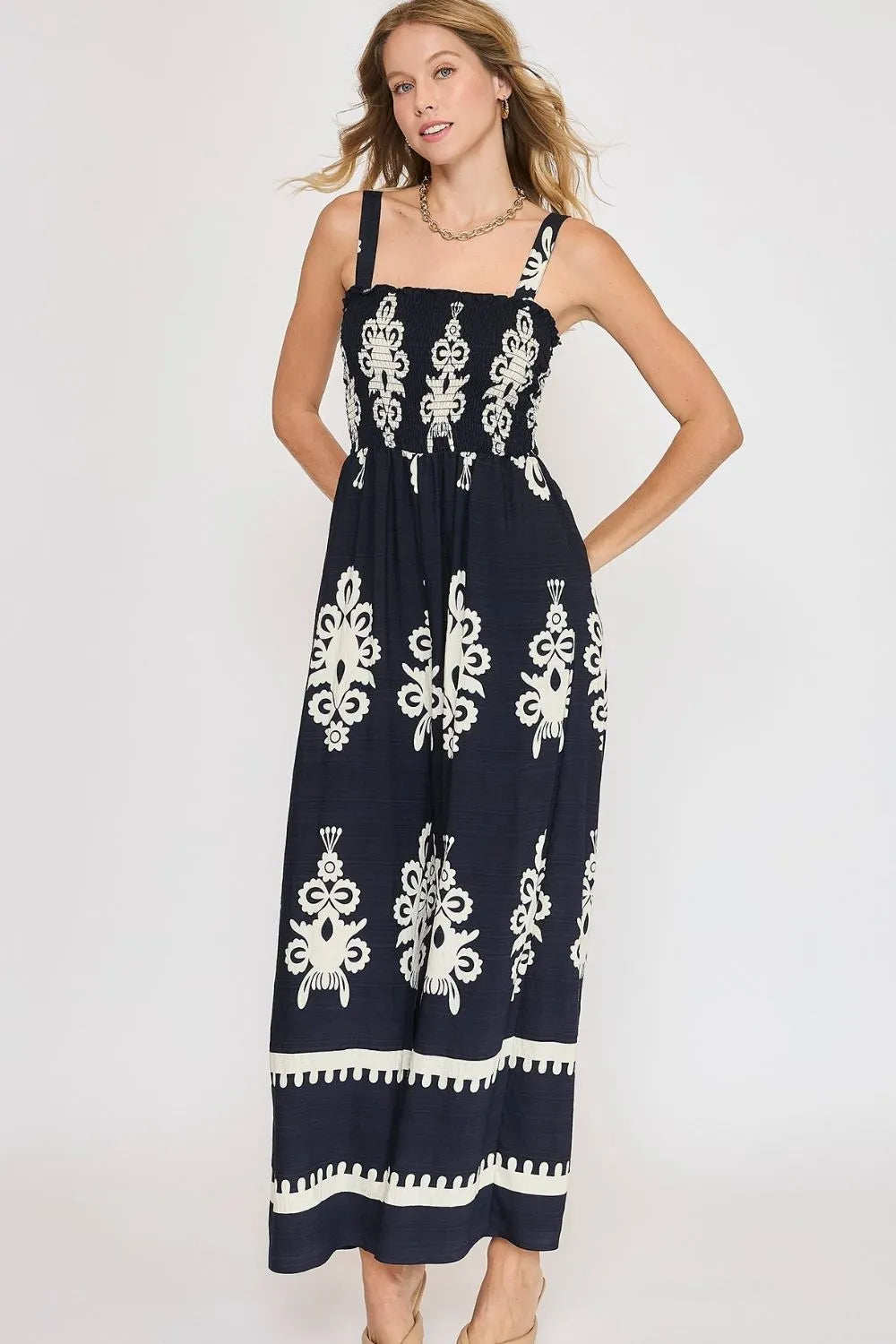 Smocked Spaghetti Straps Wide Leg Jumpsuit.