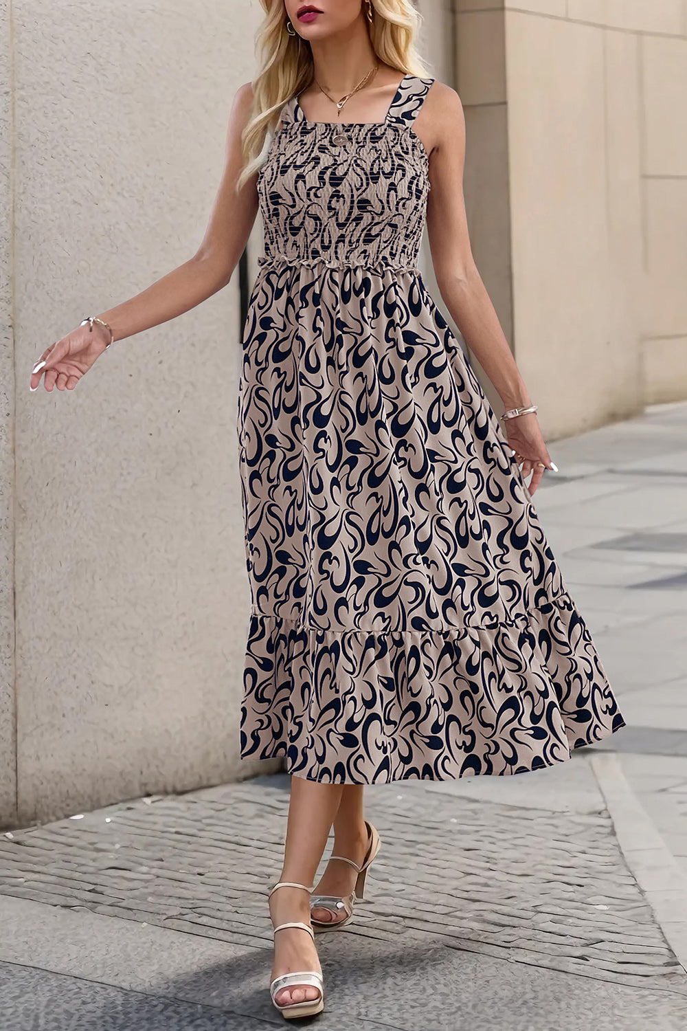 Perfee Smocked Printed Wide Strap Dress.
