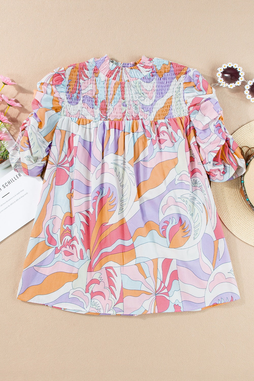 Smocked Round Neck Short Sleeve Blouse.