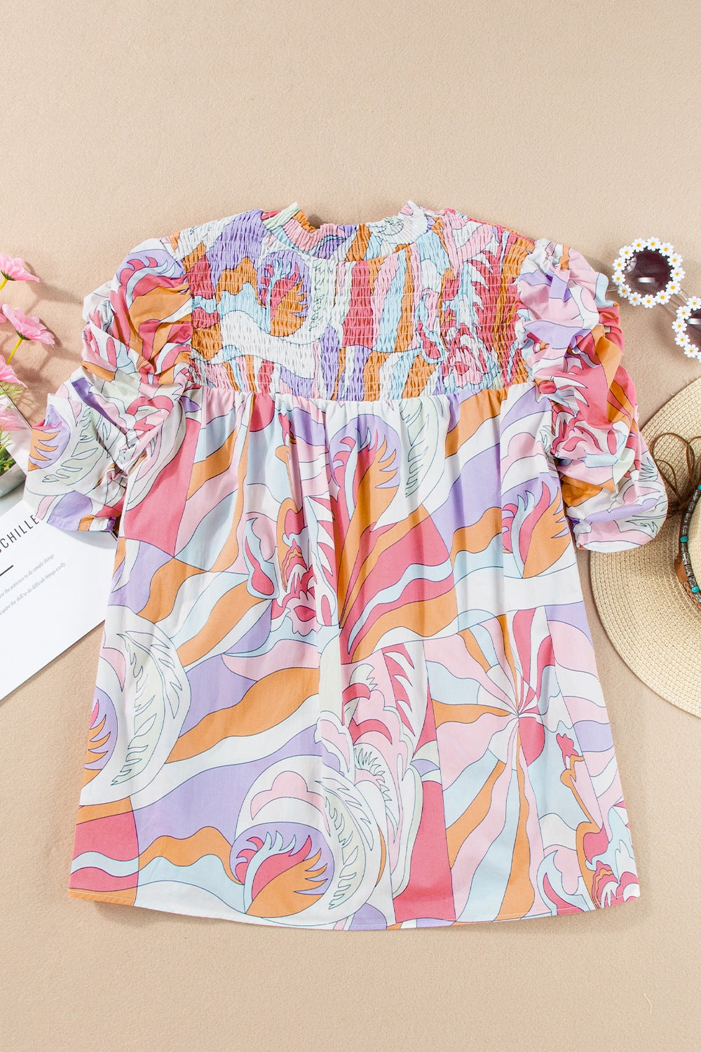 Smocked Round Neck Short Sleeve Blouse.