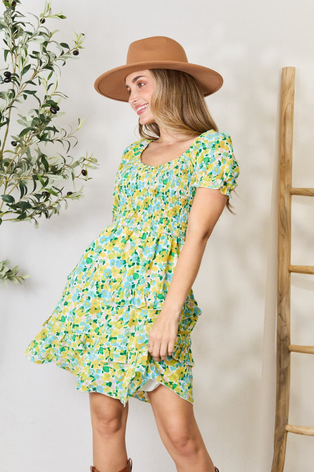 Devine Smocked Scoop Neck Flounce Sleeve Mini Dress.