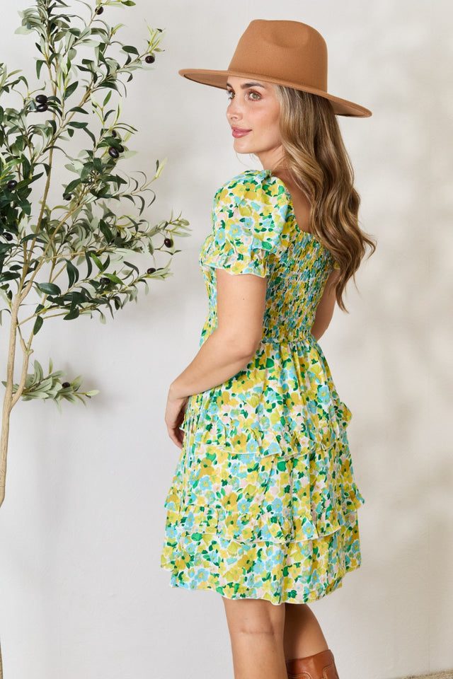 Devine Smocked Scoop Neck Flounce Sleeve Mini Dress.