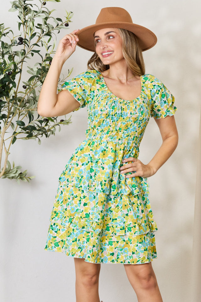 Devine Smocked Scoop Neck Flounce Sleeve Mini Dress.