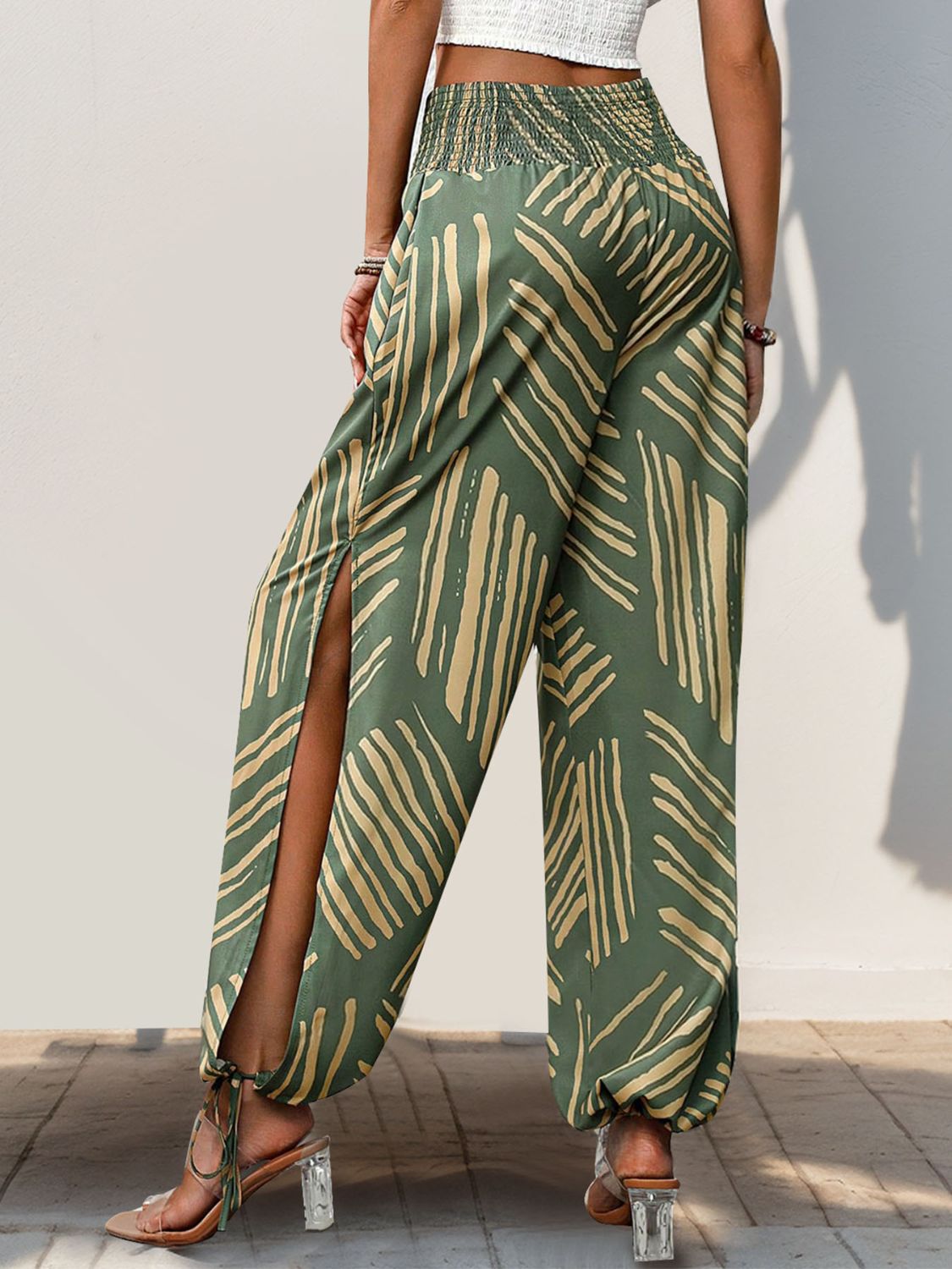 Smocked slit printed high waist pants with tie, opaque.