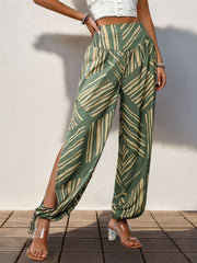 Smocked slit printed high waist pants with tie, opaque.