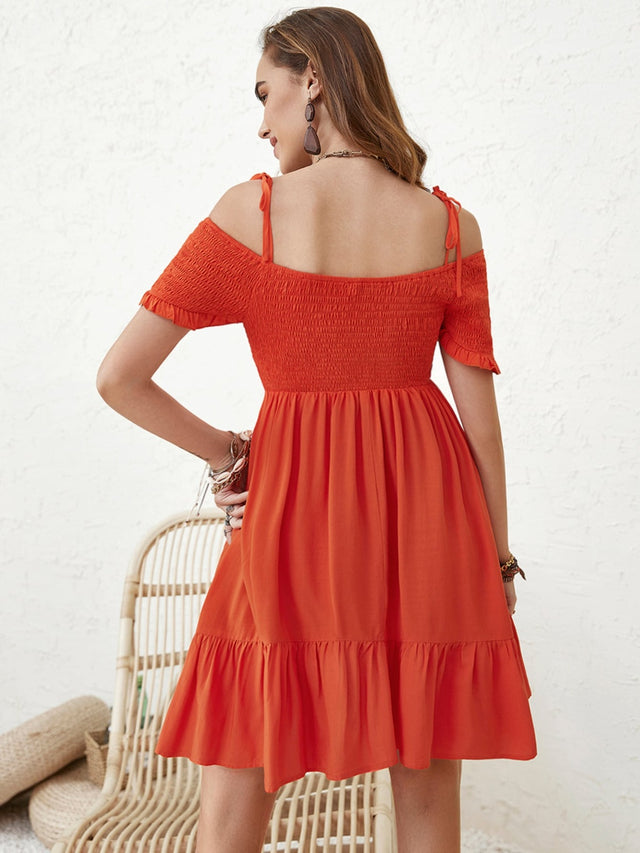 Smocked Spaghetti Strap Short Sleeve Dress.