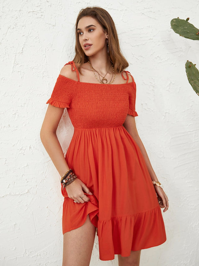 Smocked Spaghetti Strap Short Sleeve Dress.
