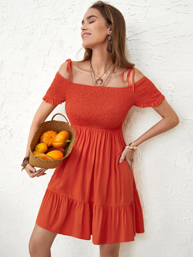 Smocked Spaghetti Strap Short Sleeve Dress.