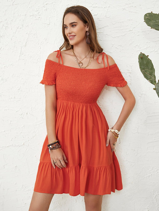 Smocked Spaghetti Strap Short Sleeve Dress.