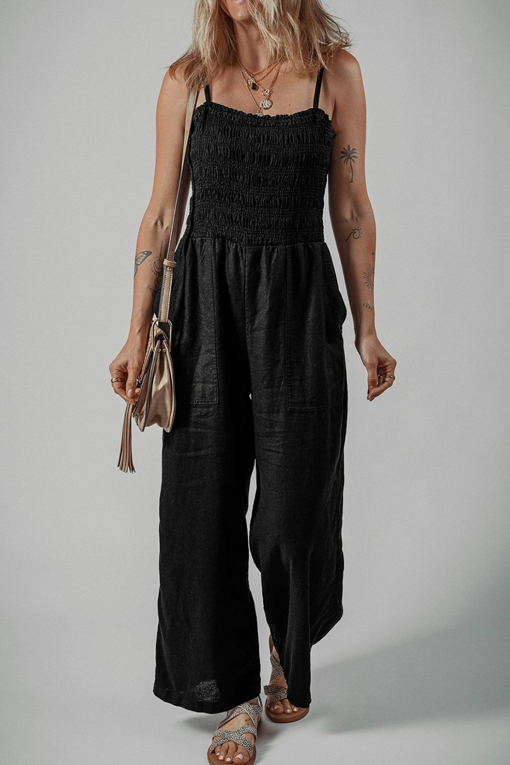 Smocked Spaghetti Straps Wide Leg Jumpsuit.