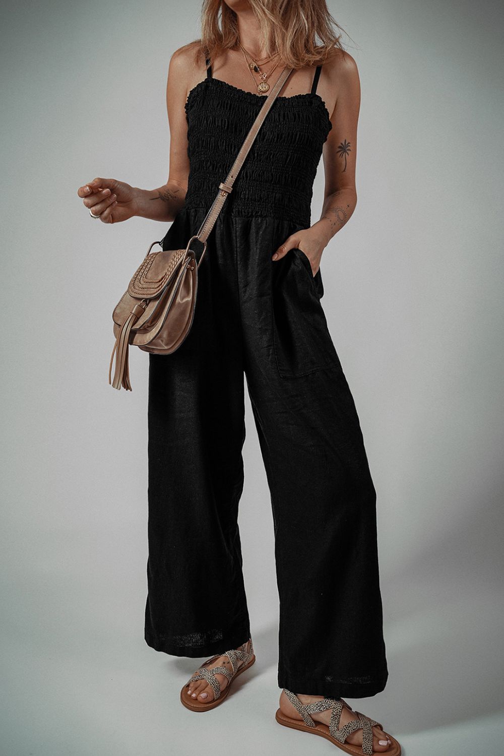 Smocked Spaghetti Straps Wide Leg Jumpsuit.