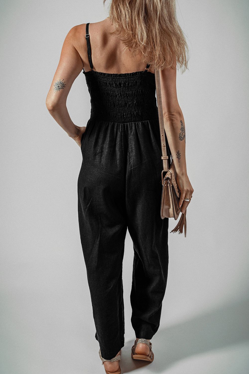 Smocked Spaghetti Straps Wide Leg Jumpsuit.