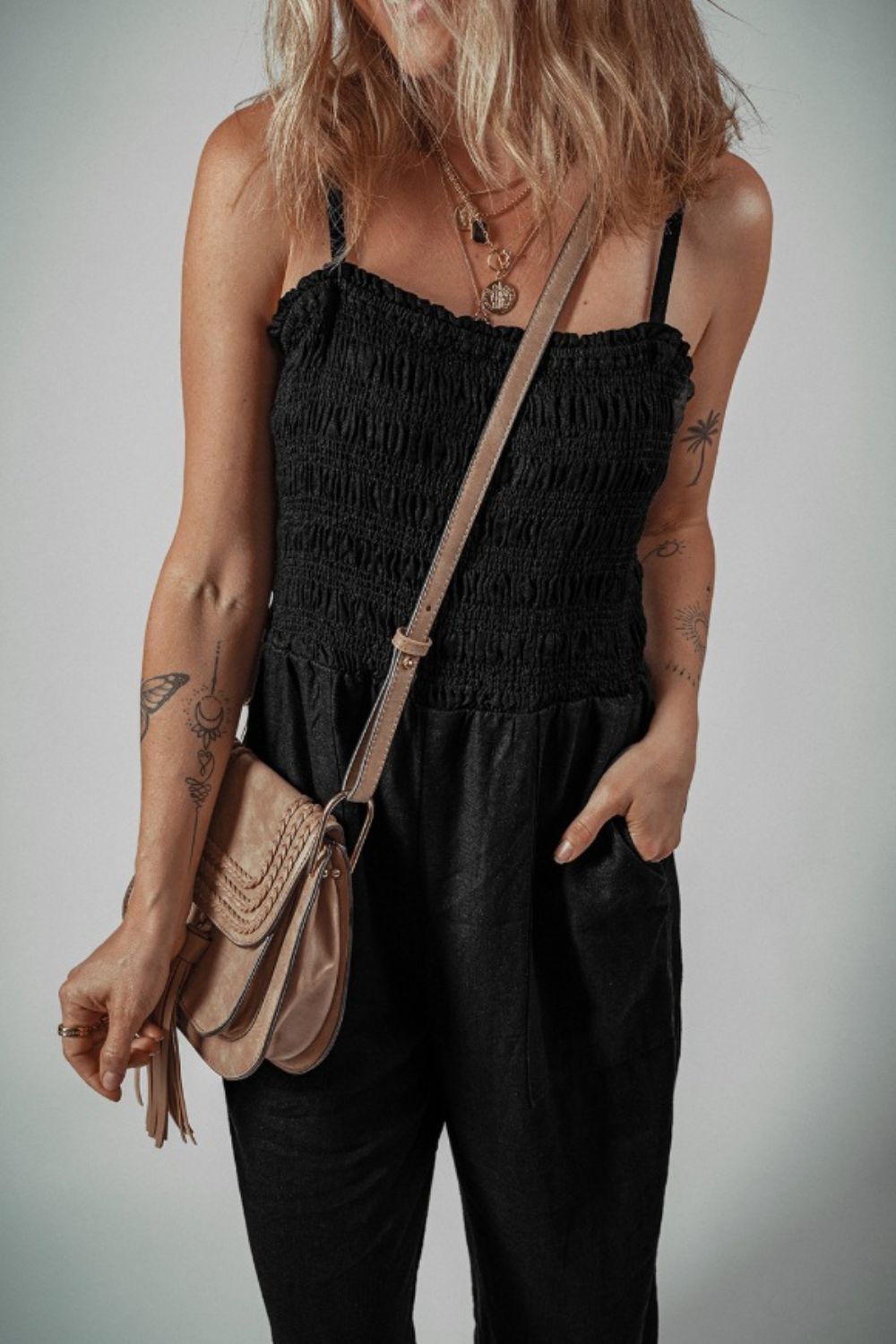 Smocked Spaghetti Straps Wide Leg Jumpsuit.