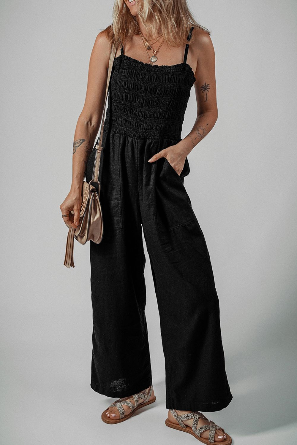 Printed Wide Leg Tube Jumpsuit with Pockets and Tie.