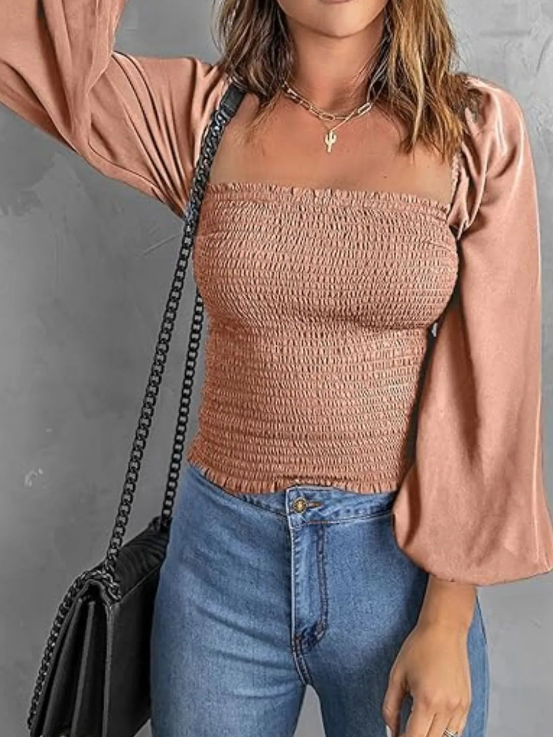 Smocked Square Neck Balloon Sleeve Blouse.
