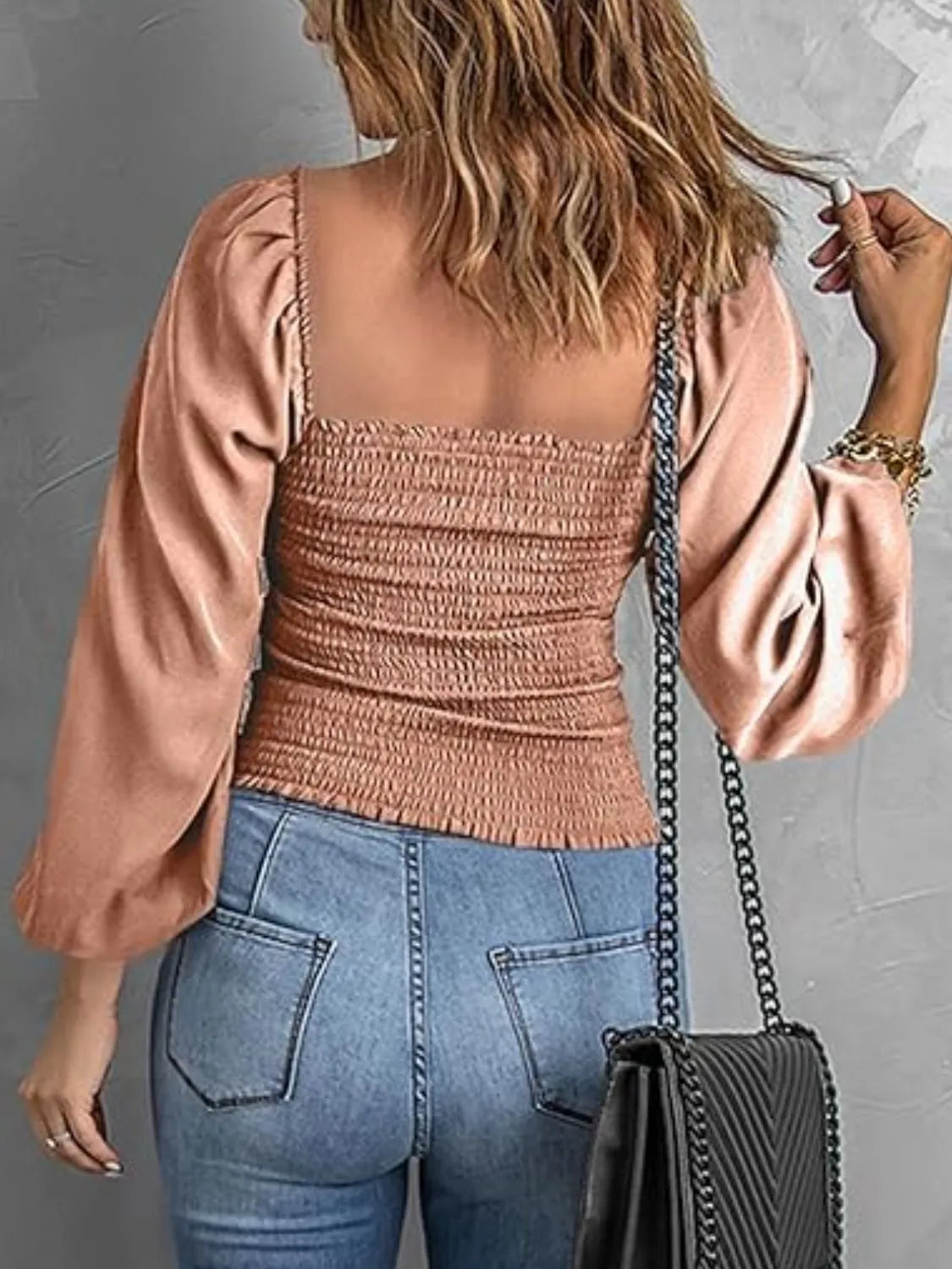 Smocked Square Neck Balloon Sleeve Blouse.
