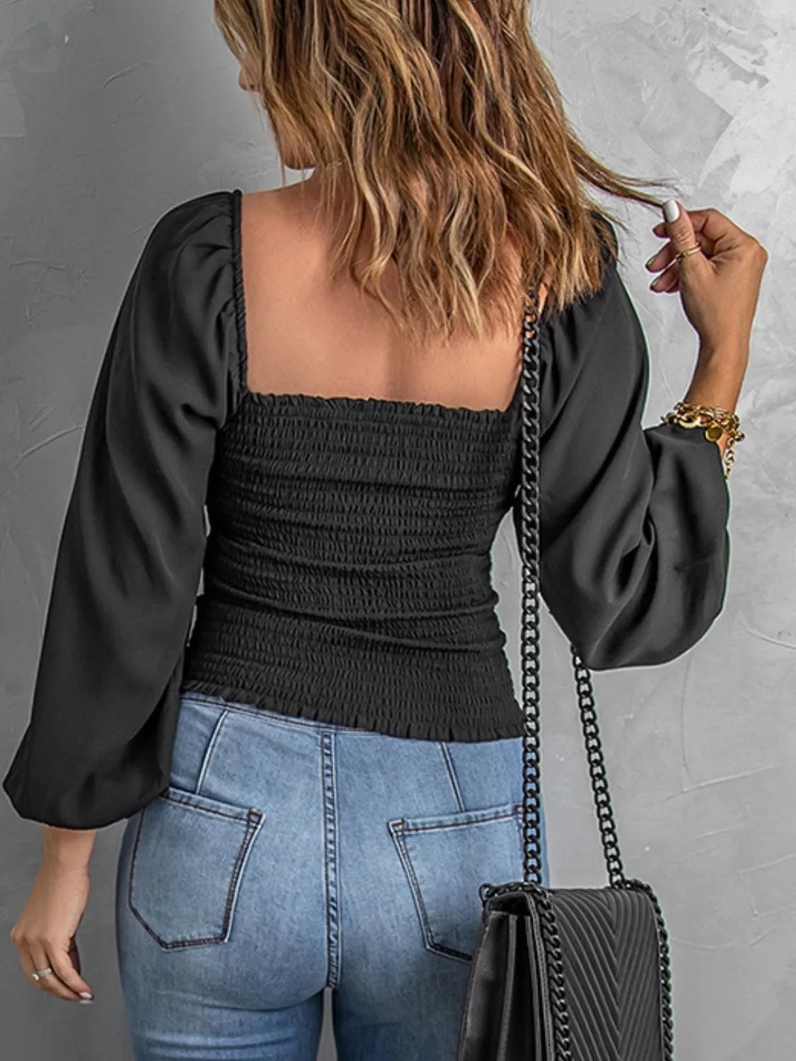 Smocked Square Neck Balloon Sleeve Blouse.