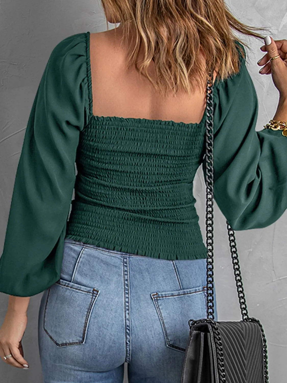 Smocked Square Neck Balloon Sleeve Blouse.
