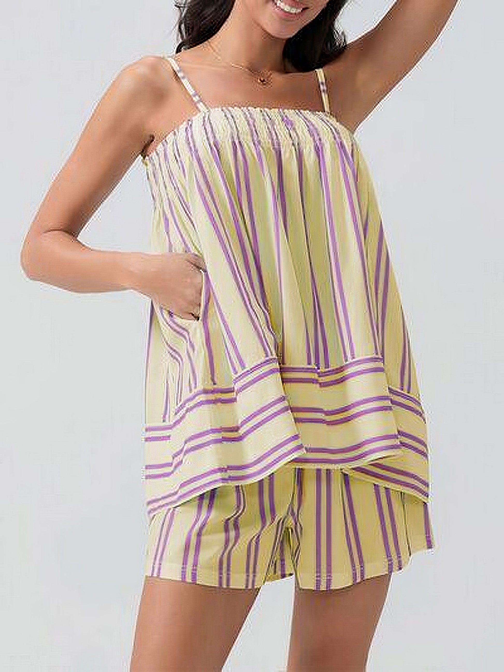 Women's smocked square neck cami and shorts set with pockets