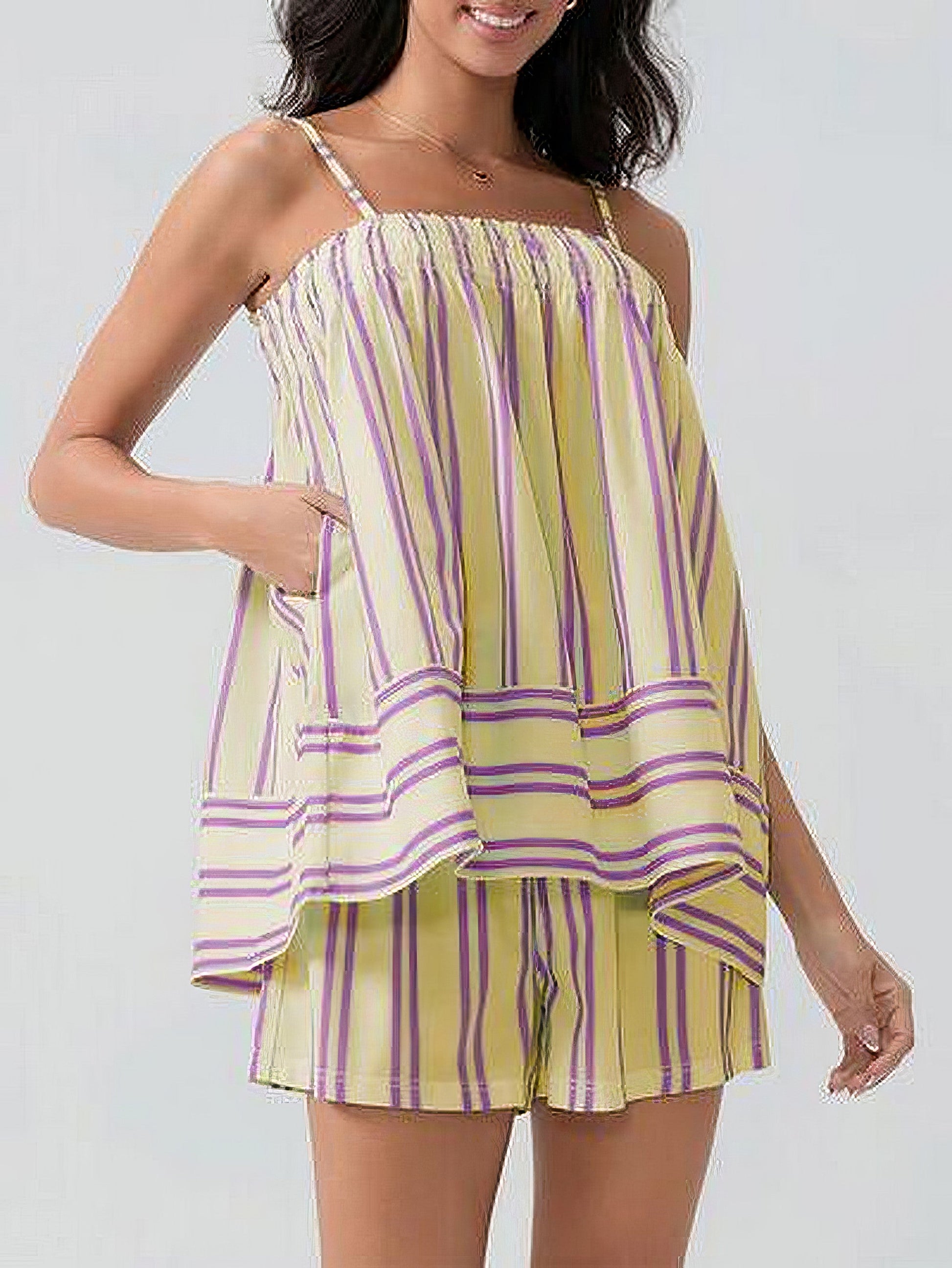 Women's smocked square neck cami and shorts set with pockets