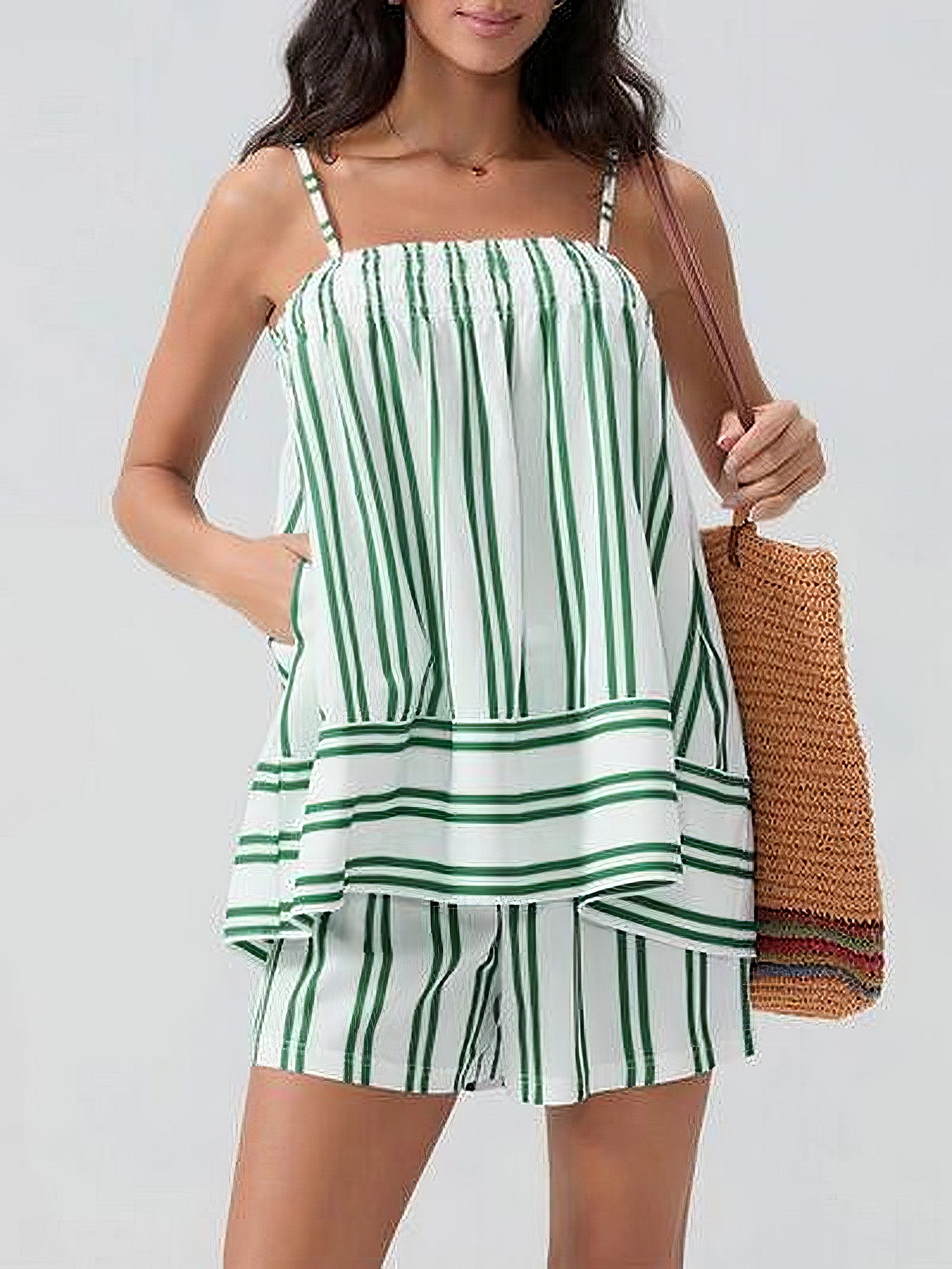 Women's smocked square neck cami and shorts set with ruched and pockets