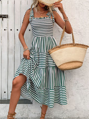 Perfee Smocked Striped Square Neck Midi Dress.