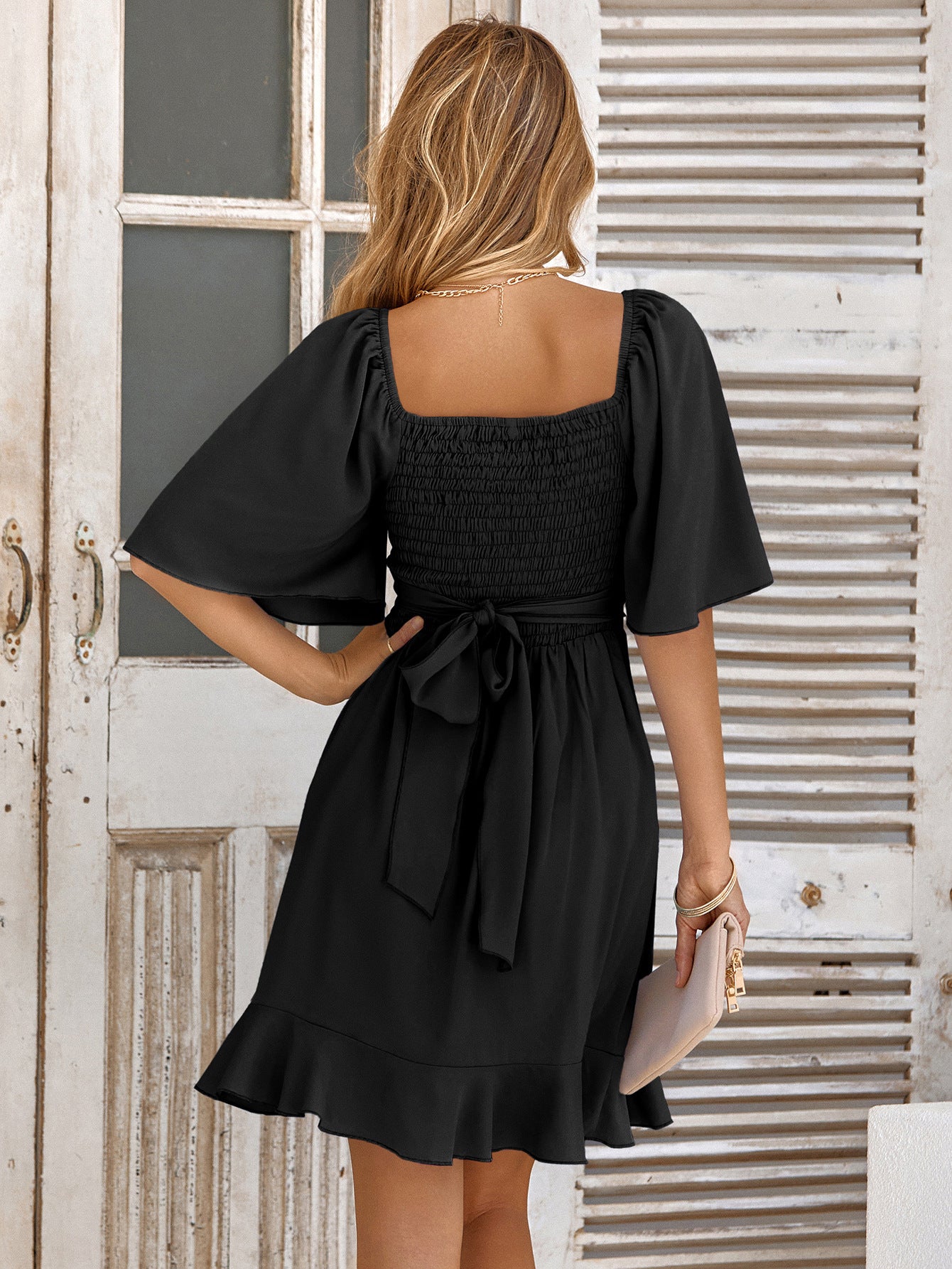 Smocked Tie Back Ruffle Hem Dress.