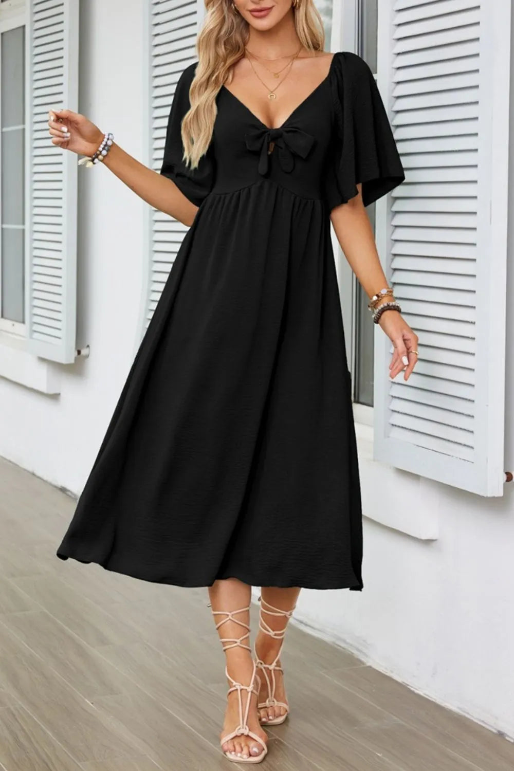 Smocked Tie Front Flutter Sleeve Midi Dress.