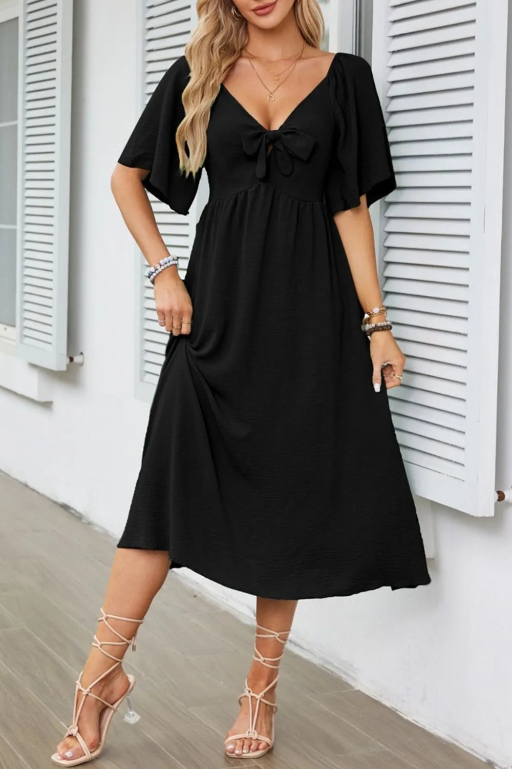 Smocked Tie Front Flutter Sleeve Midi Dress.