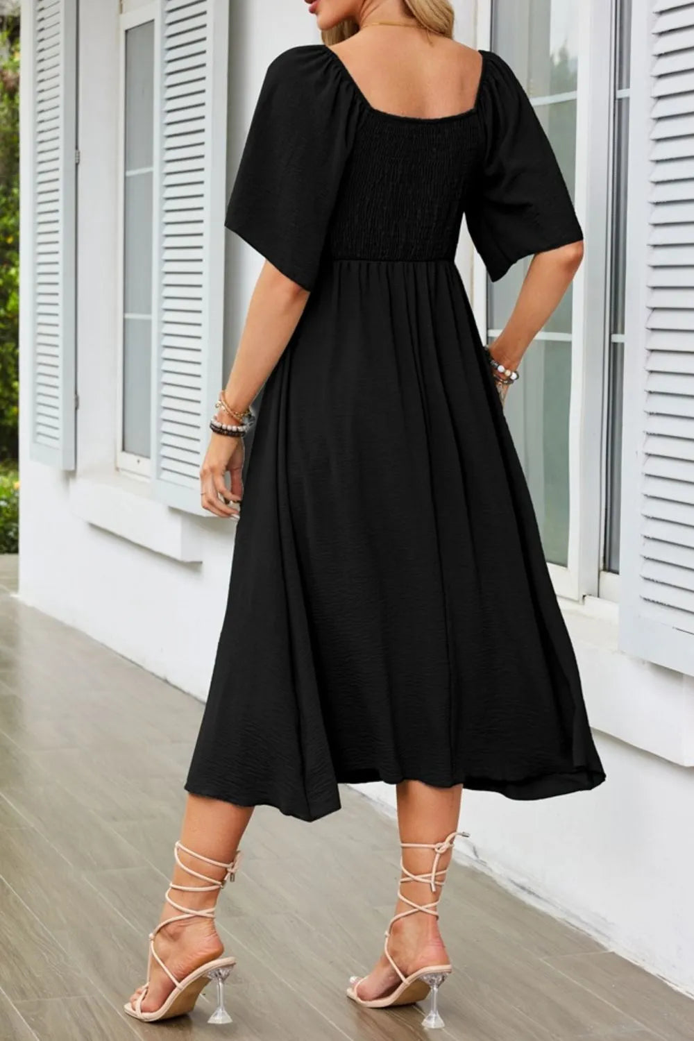 Smocked Tie Front Flutter Sleeve Midi Dress.