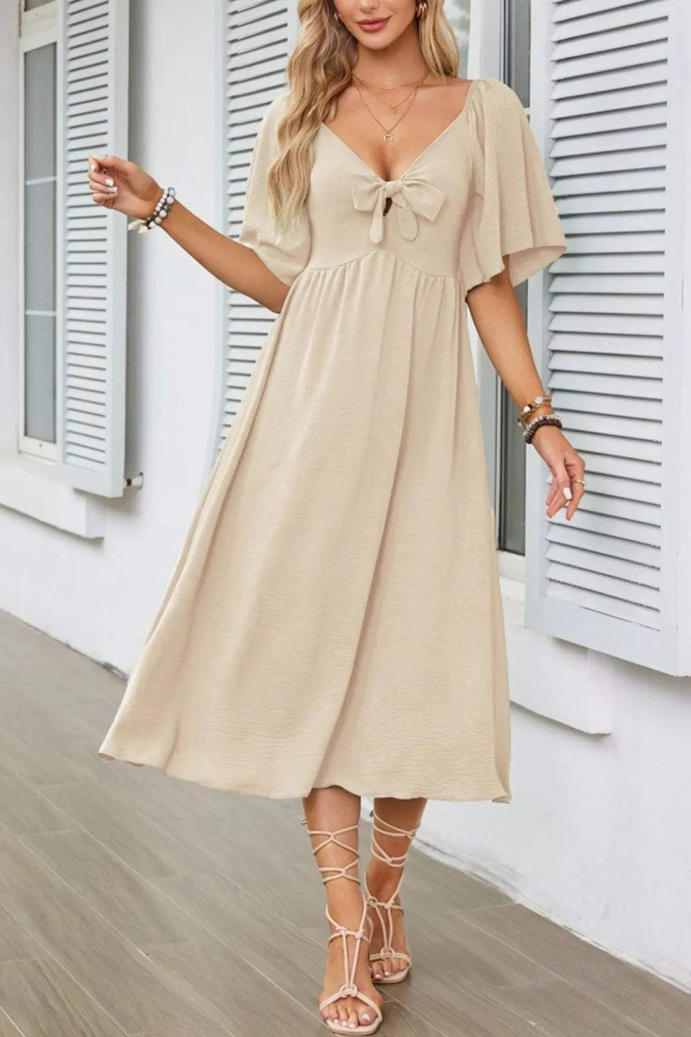 Smocked Tie Front Flutter Sleeve Midi Dress.