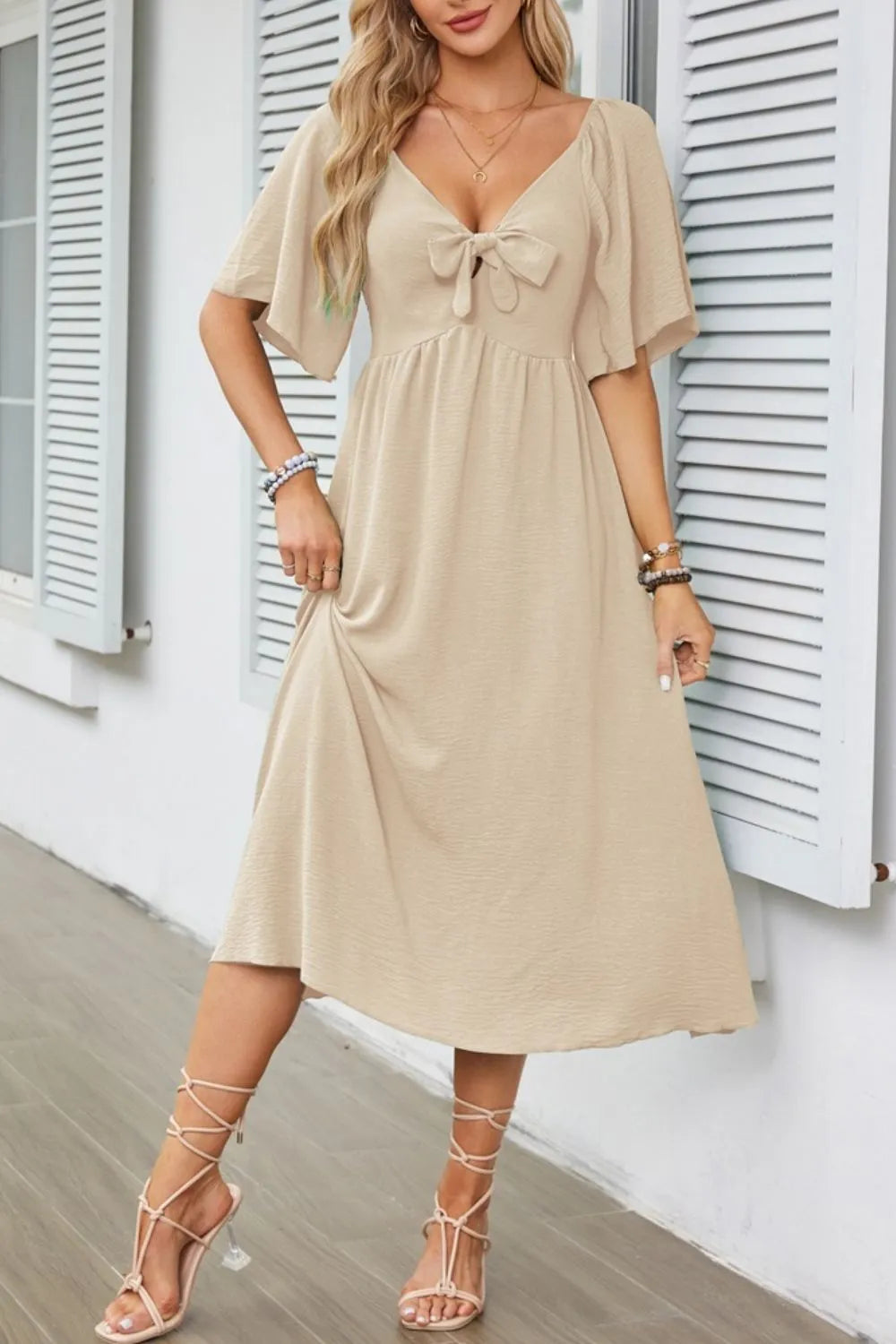 Smocked Tie Front Flutter Sleeve Midi Dress.