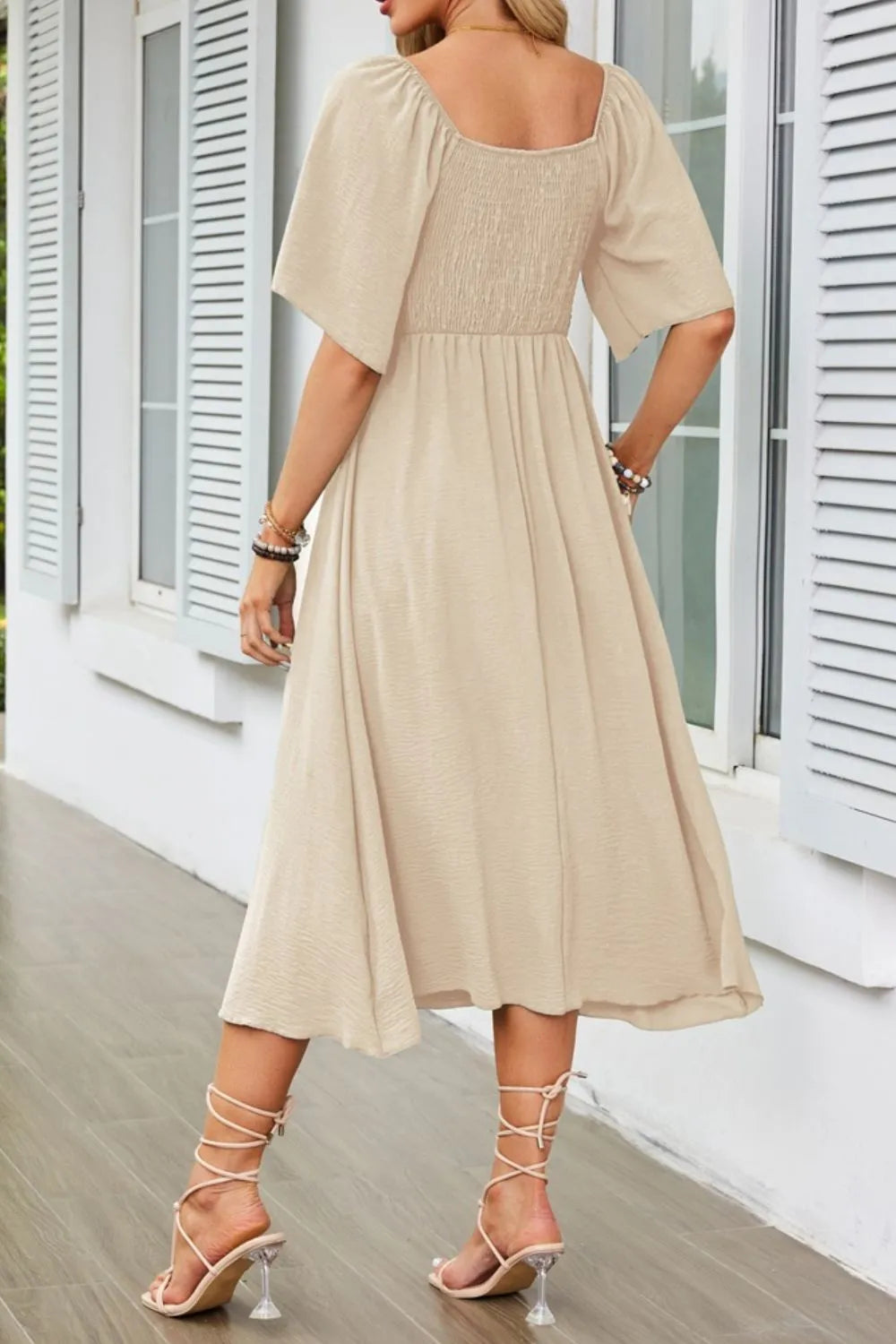 Smocked Tie Front Flutter Sleeve Midi Dress.