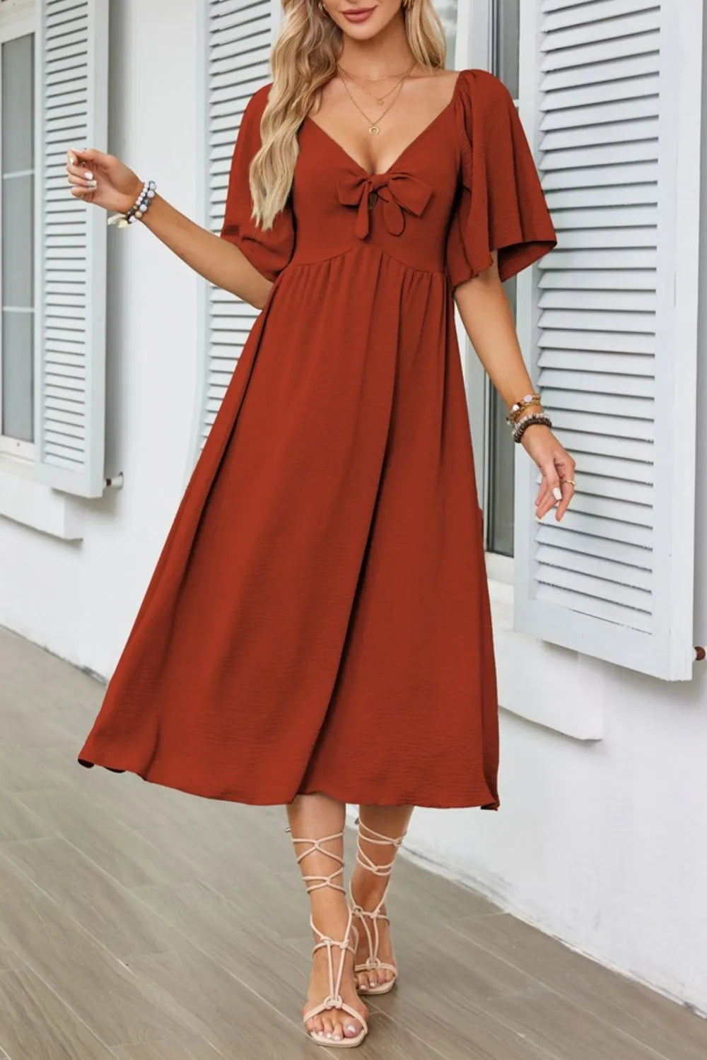 Smocked Tie Front Flutter Sleeve Midi Dress.