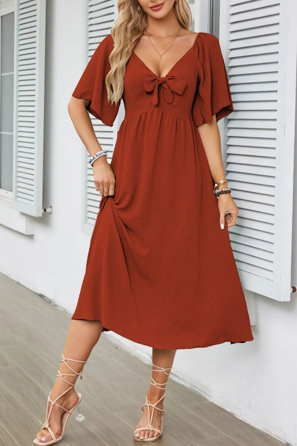 Smocked Tie Front Flutter Sleeve Midi Dress.