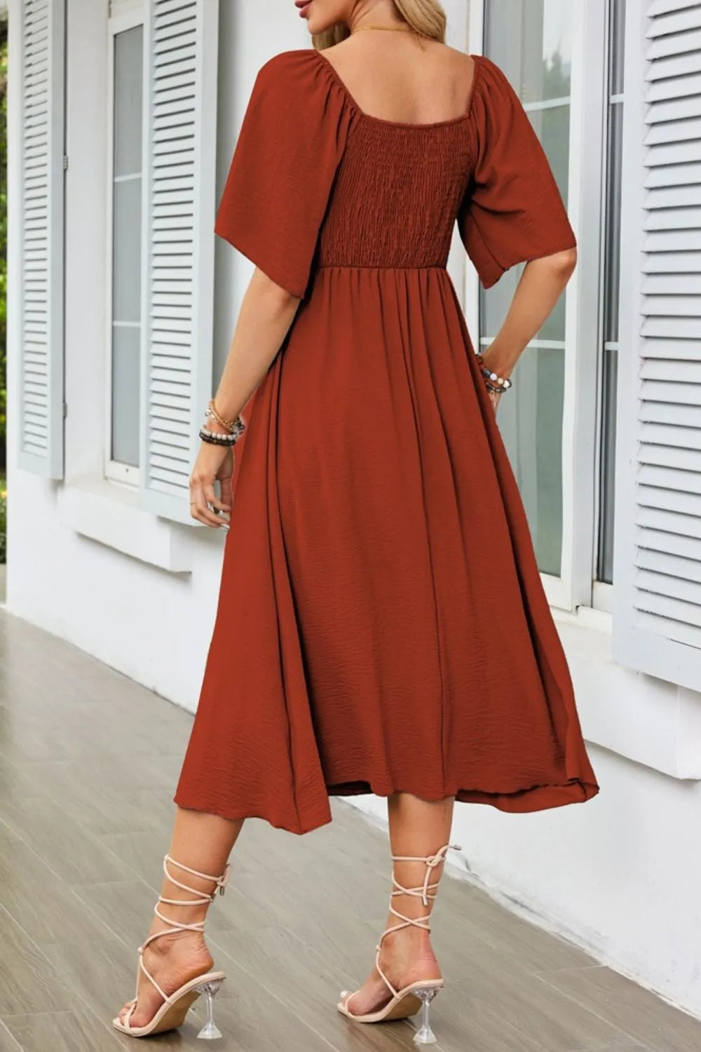 Smocked Tie Front Flutter Sleeve Midi Dress.