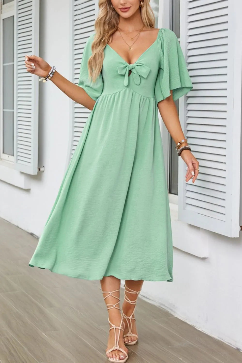 Smocked Tie Front Flutter Sleeve Midi Dress.