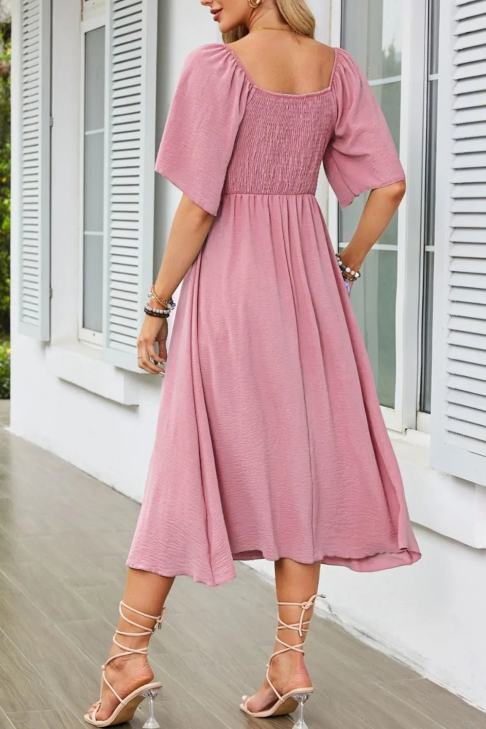 Smocked Tie Front Flutter Sleeve Midi Dress.