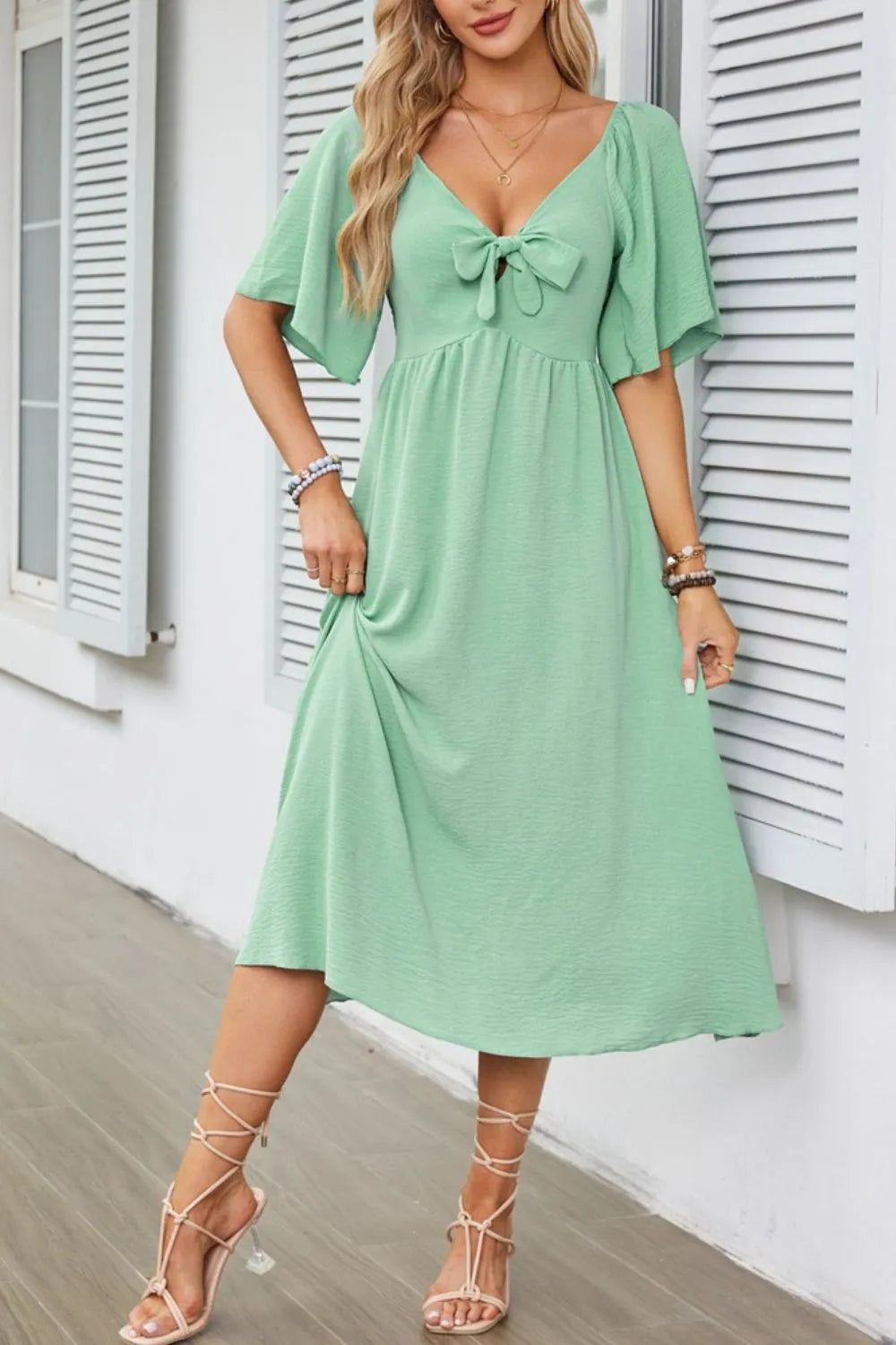 Smocked Tie Front Flutter Sleeve Midi Dress.