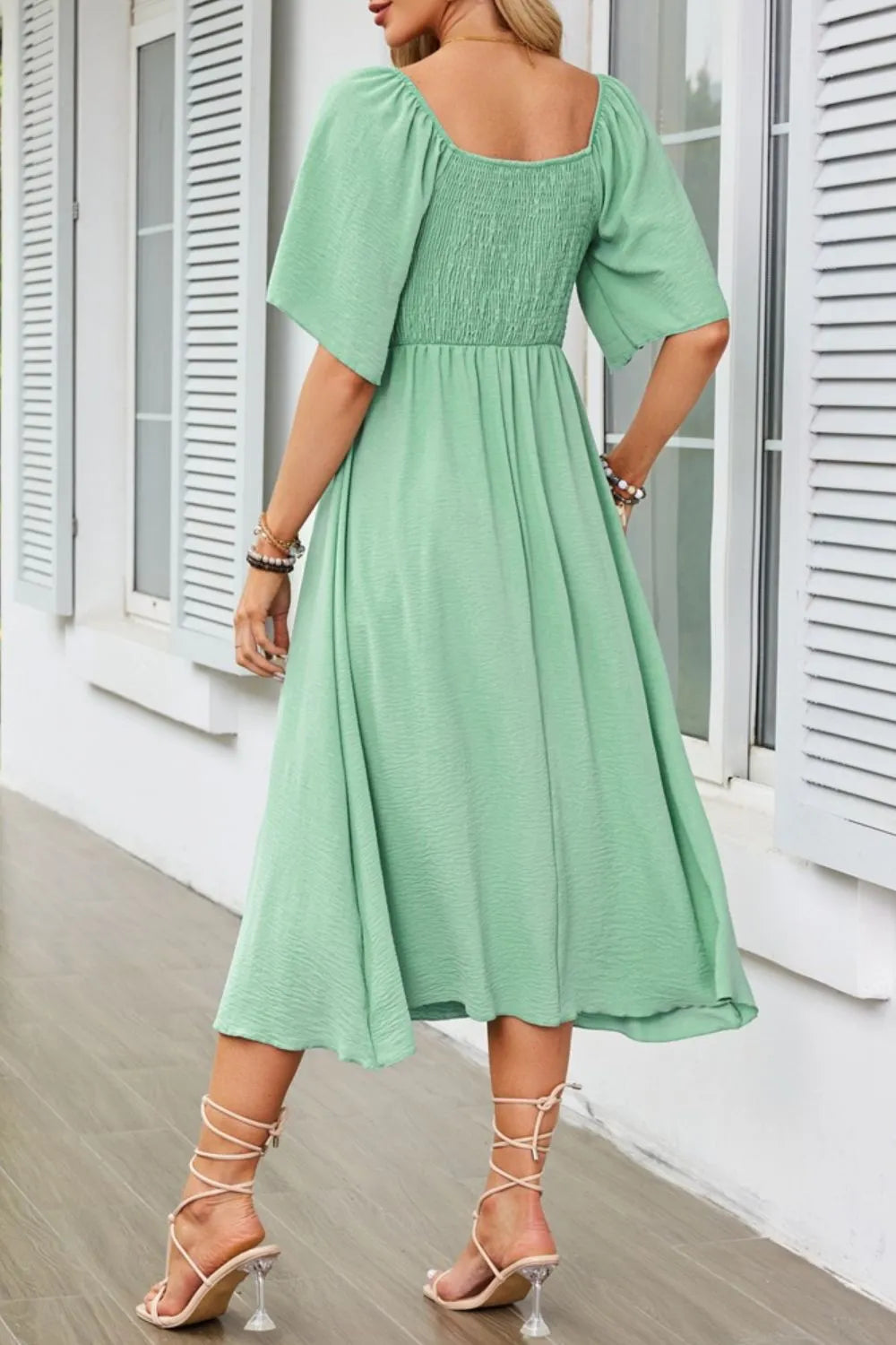 Smocked Tie Front Flutter Sleeve Midi Dress.