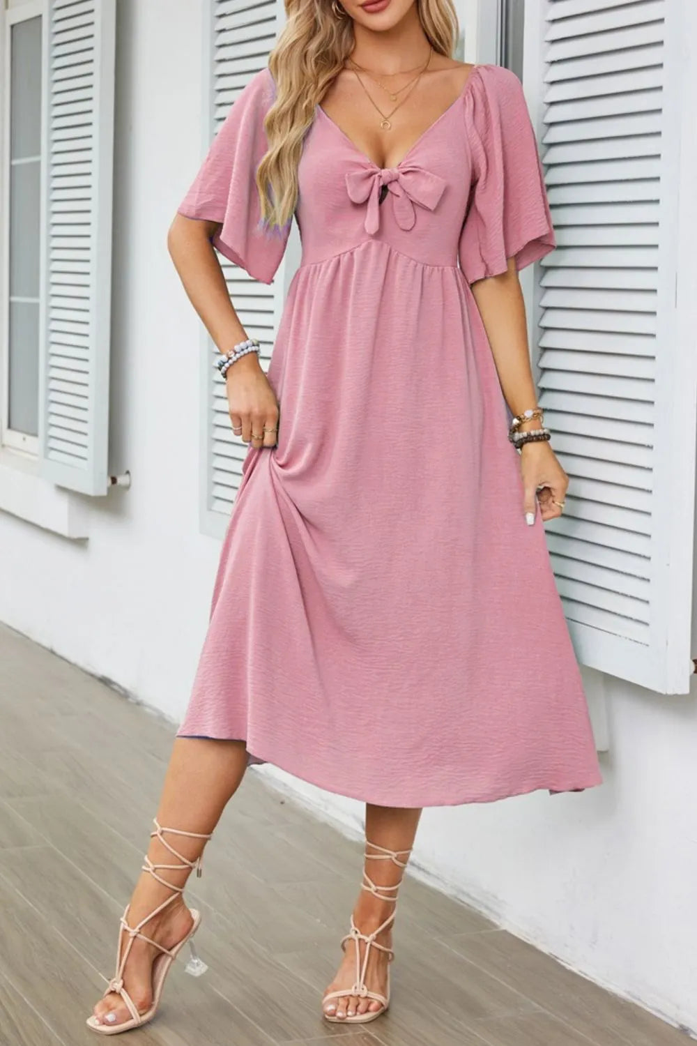 Smocked Tie Front Flutter Sleeve Midi Dress.