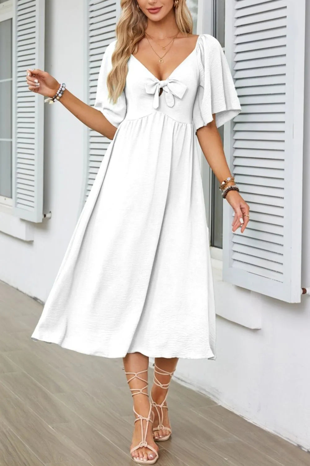 Smocked Tie Front Flutter Sleeve Midi Dress.